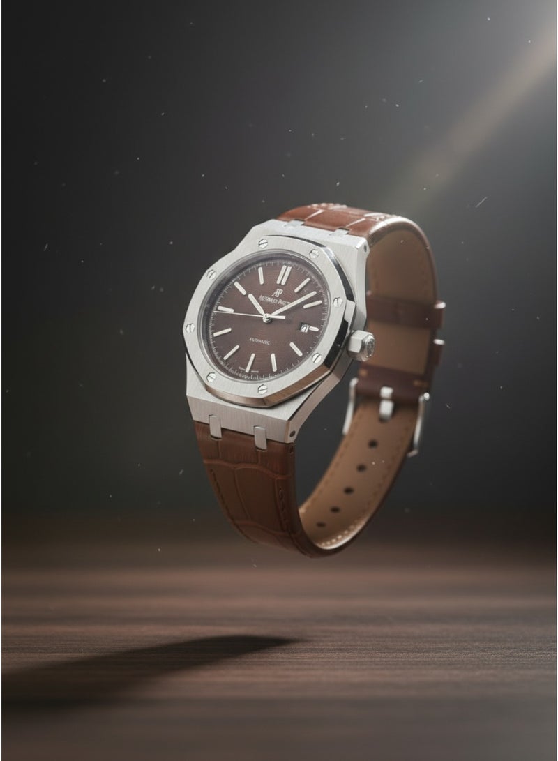 أوديمار بيجويت ساعة أوديمار بيغيه رويال أوك أوتوماتيكية من الفولاذ المقاوم للصدأ بميناء بني وحزام جلدي - Image 4